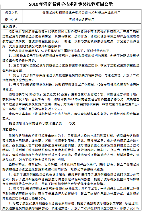 2019年河南省科学技术进步奖推荐项目公示—装配式波形钢腹板组合梁桥关键技术创新与产业化应用